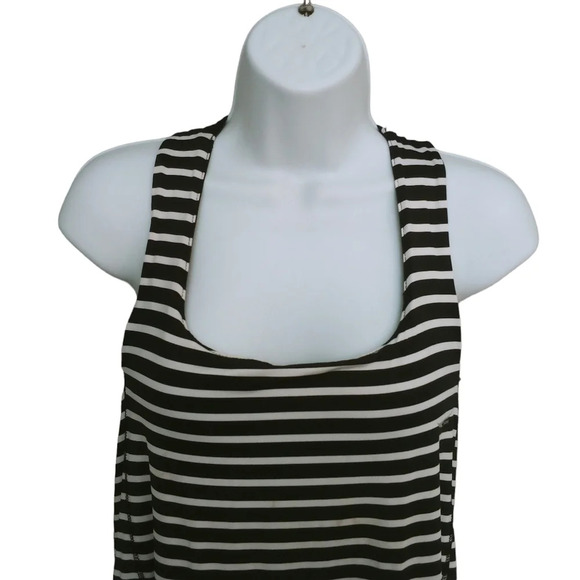 ACX  Athleisure Workout Wear Tank Top Black White Stripes Criss Cross Back M - Picture 2 of 8